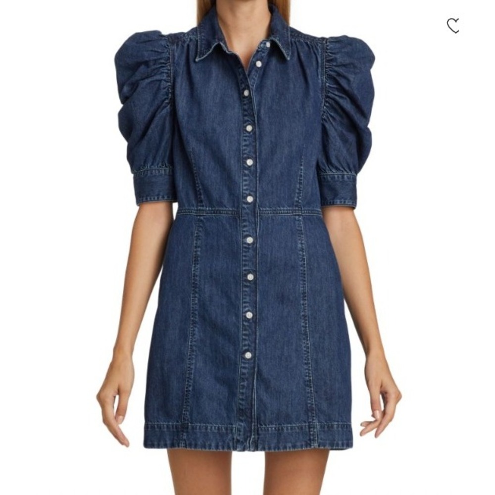 FRAME Gillian Denim Dress 4 Blue Chambray Mini Puff Short Sleeve Button Cotton